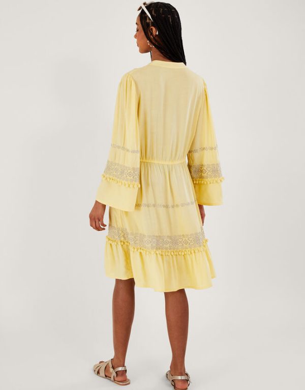 Monsoon Embroidered Pom-Pom Kaftan Dress Yellow - Image 3