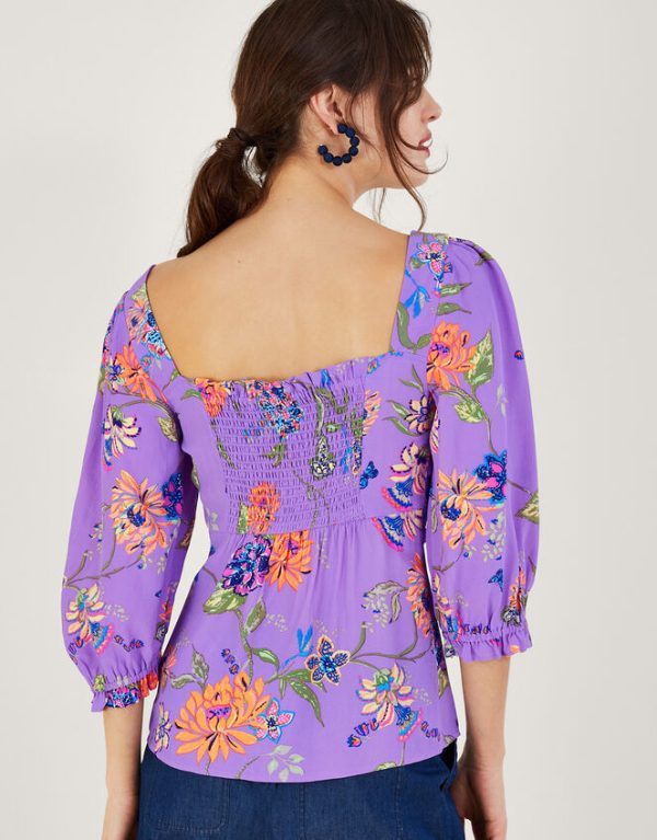 Monsoon Regina Print Puff Sleeve Top Purple - Image 3