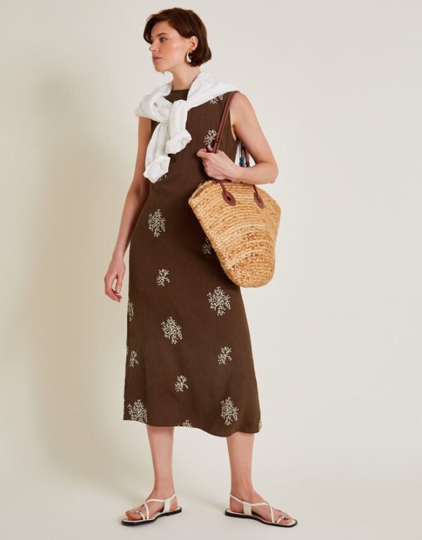 Monsoon Aria Embroidered Sleeveless Midi Dress Brown - Image 5