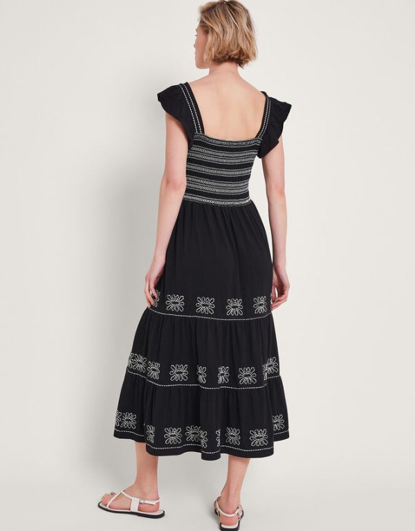 Monsoon Emi Square Neck Embroidered Midi Dress Black - Image 4