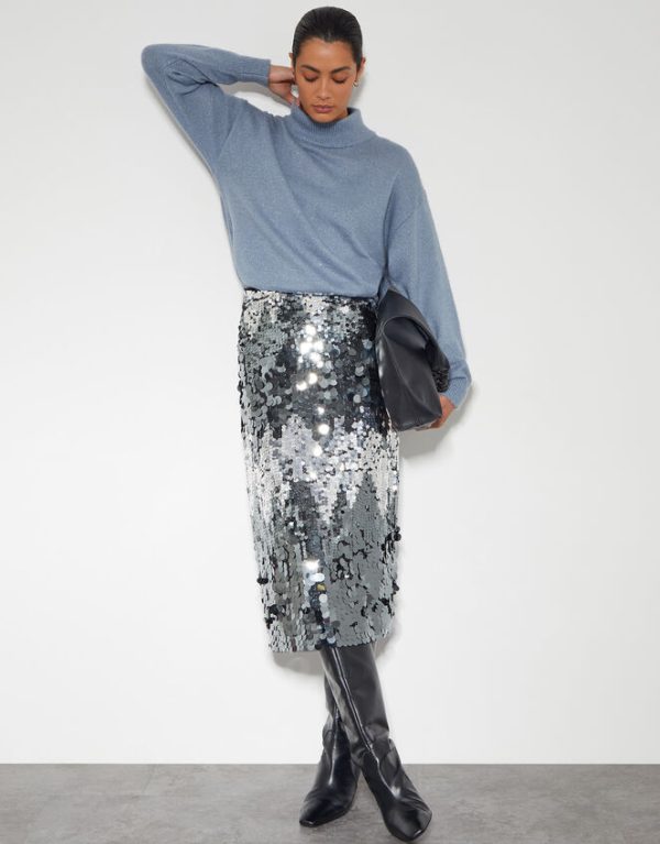 Monsoon Sia Sequin Midi Skirt Silver - Image 5