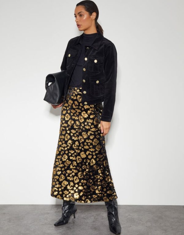 Monsoon Arwen Sequin Leopard Velvet Midi Skirt Black - Image 5