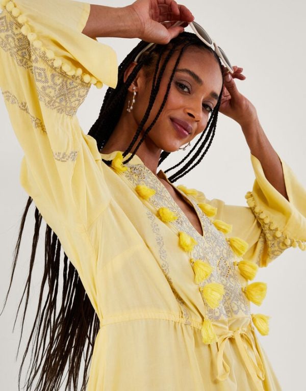 Monsoon Embroidered Pom-Pom Kaftan Dress Yellow - Image 4