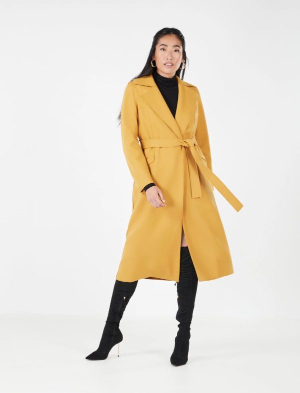 BCBG NOTCH COLLAR BELTED TRENCH COAT - MARIGOLD