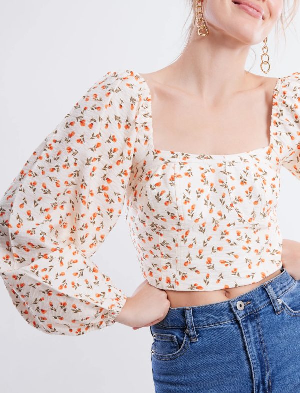 BCBG PUFF SLEEVE BUSTIER CROP TOP - PEACH - Image 3