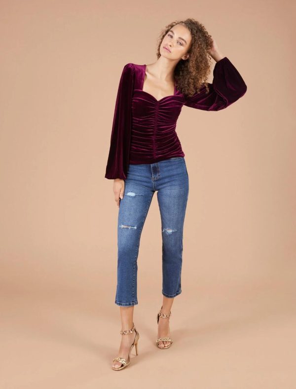 BCBG RUCHED VELVET SWEETHEART TOP