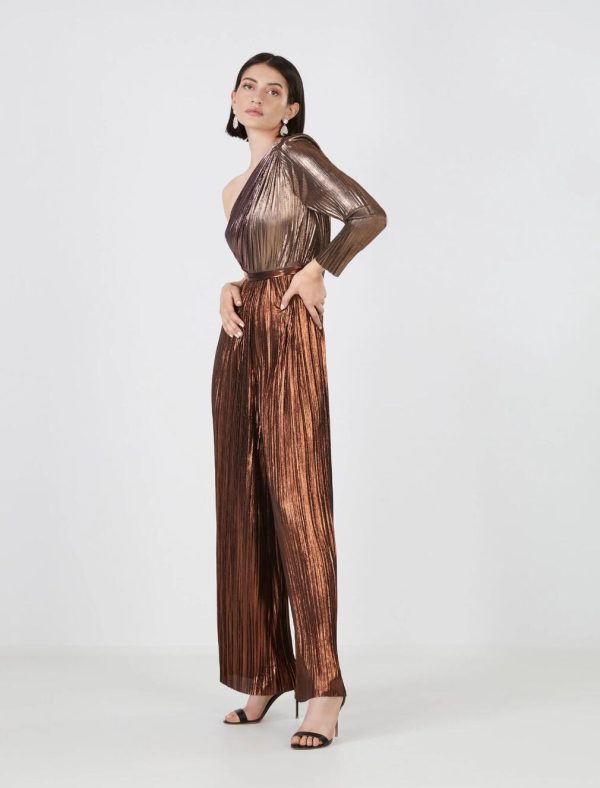 BCBG AUSTEN METALLIC PLEATED JUMPSUIT - COPPER COMBO