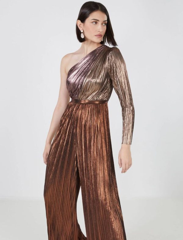 BCBG AUSTEN METALLIC PLEATED JUMPSUIT - COPPER COMBO - Image 2