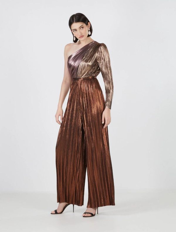 BCBG AUSTEN METALLIC PLEATED JUMPSUIT - COPPER COMBO - Image 3