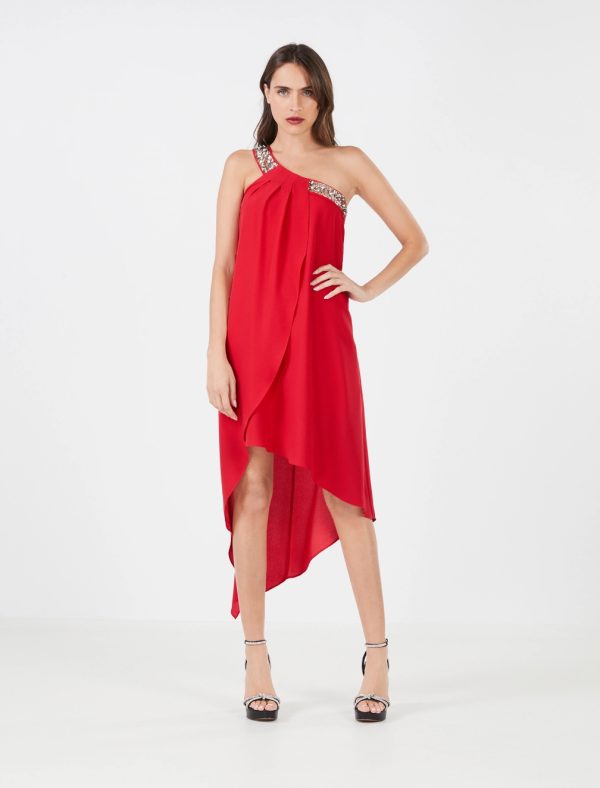 BCBG SAWYER BEADED ONE SHOULDER DRESS - RED