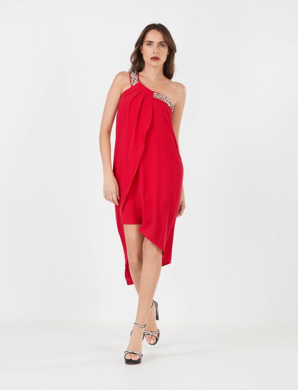 BCBG SAWYER BEADED ONE SHOULDER DRESS - RED - Image 2