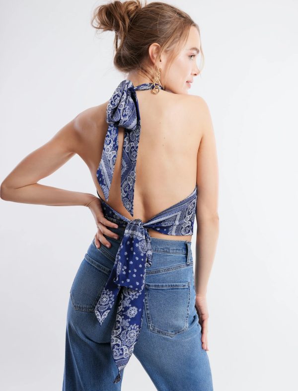 BCBG TIE BACK BANDANA HALTER TOP - NAVY/WHITE - Image 2