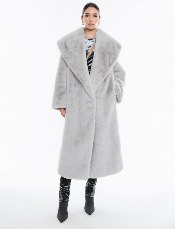 Bcbg Faux Fur Long Coat Smoke Grey