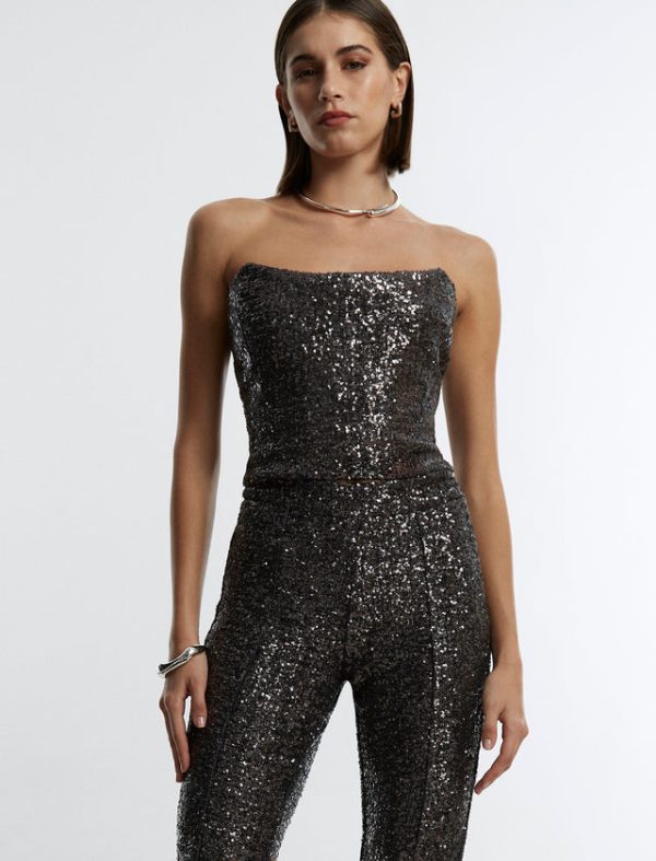 Bcbg Sequin Strapless Bustier Top STONE GREY - Image 6