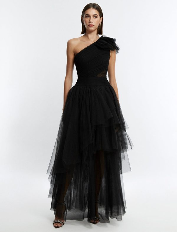 Bcbg Isobel One Shoulder Tulle Gown Black