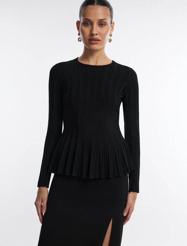 Bcbg Long Sleeve Rib Peplum Knit Top Black