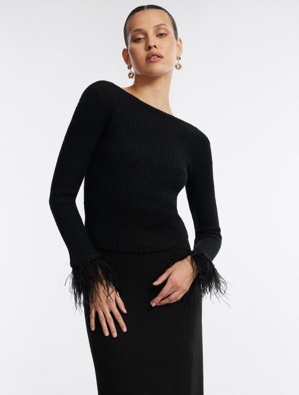 Bcbg Feather Cuff Knit Top Black