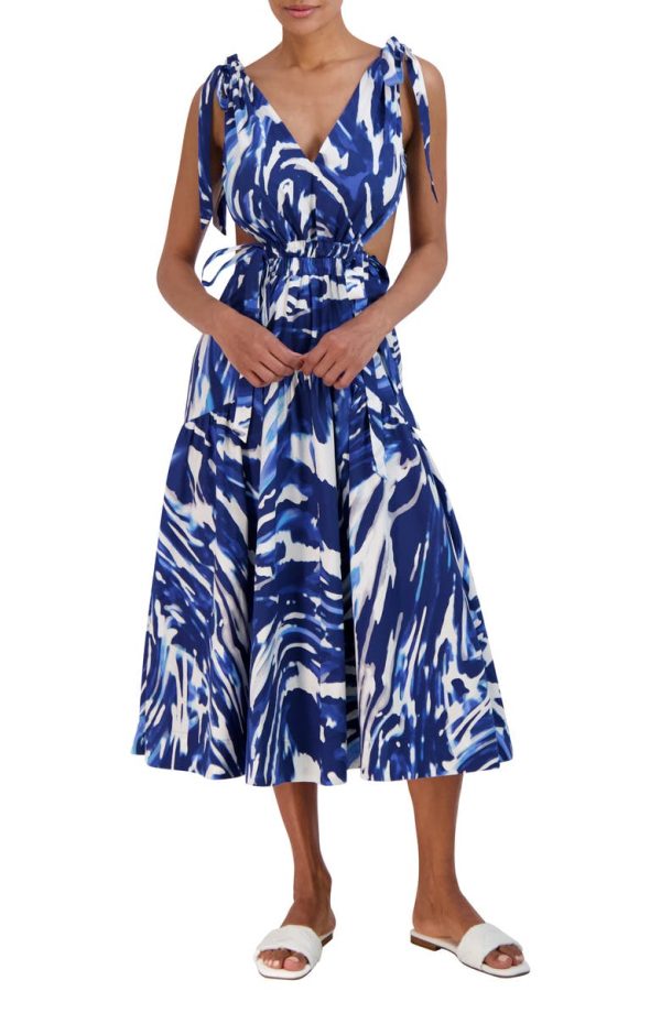 Bcbg Print Tie Strap Open Back Midi Dress Wave