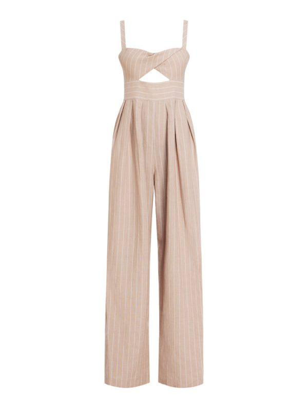 Bcbg Hadie Linen Keyhole Jumpsuit Khaki/White - Image 7