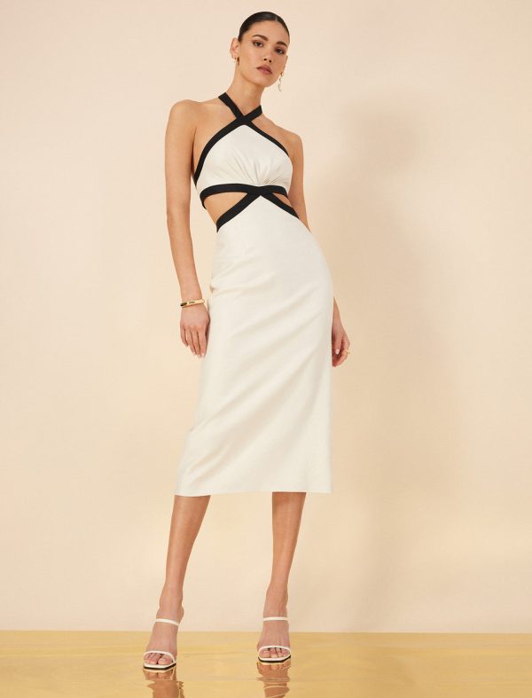 Bcbg Lula Contrast Trim Midi Dress White Combo