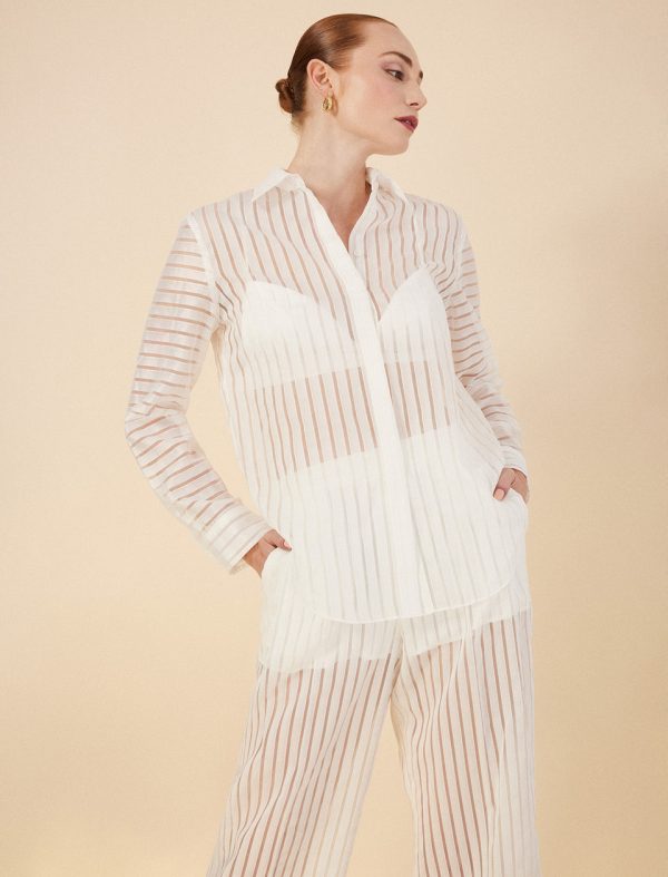 Bcbg Sheer Stripe Button Down Shirt Gardenia