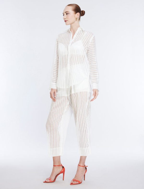 Bcbg Sheer Stripe Button Down Shirt Gardenia - Image 3