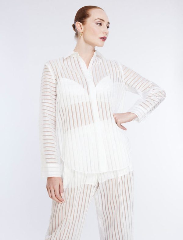 Bcbg Sheer Stripe Button Down Shirt Gardenia - Image 6