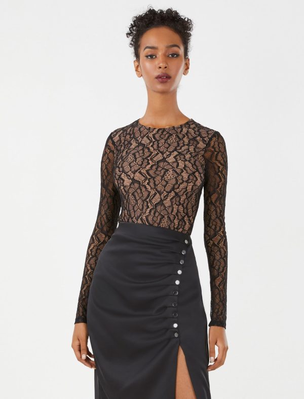 Bcbg Crew Neck Long Sleeve Lace Bodysuit