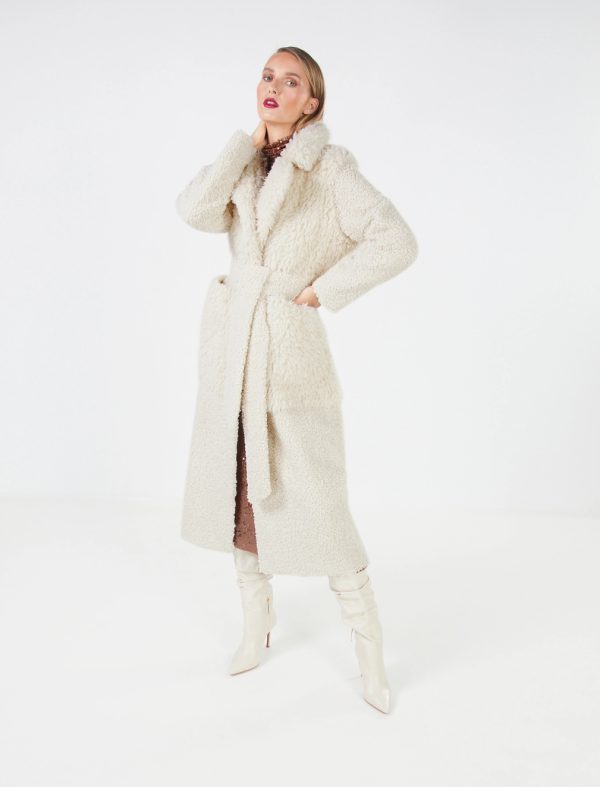 BCBG FAUX FUR BELTED TRENCH COAT - CREAM