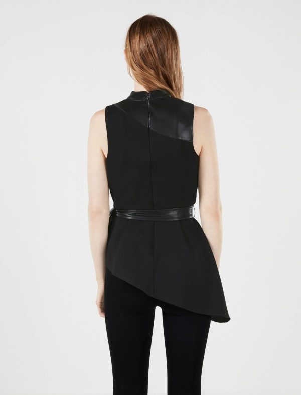 BCBG FAUX LEATHER MOCK NECK PEPLUM TOP - BLACK - Image 2