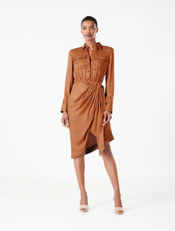 BCBG FERNANDA BUTTON-FRONT DRESS - AMBER BROWN