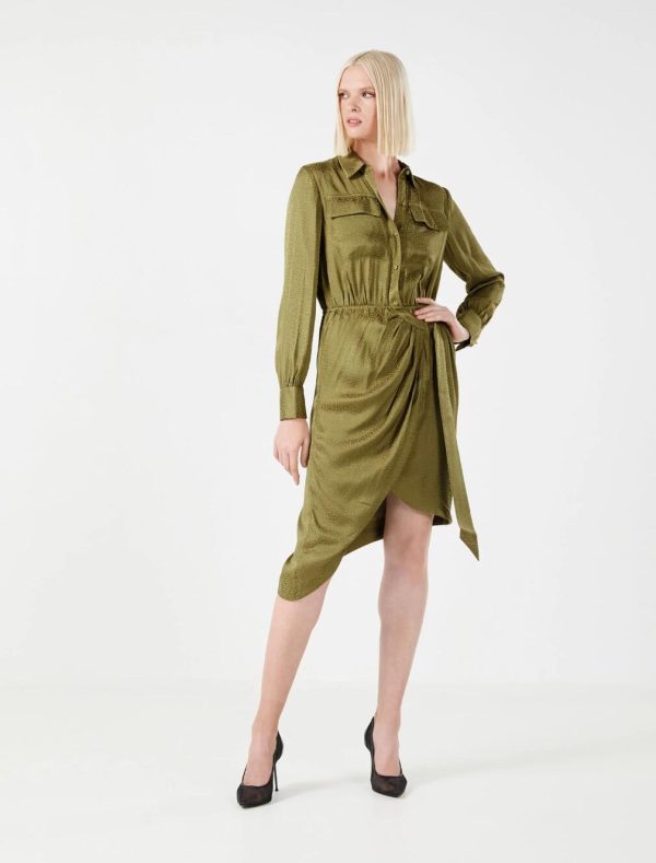 BCBG FERNANDA BUTTON-FRONT DRESS - OLIVE DRAB