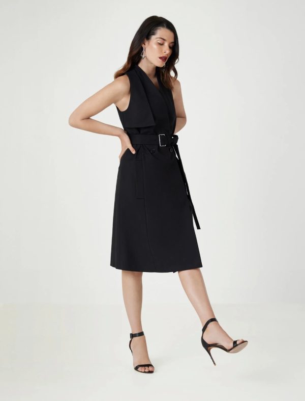 BCBG FLORENCE BELTED MIDI TRENCH DRESS - BLACK - Image 3