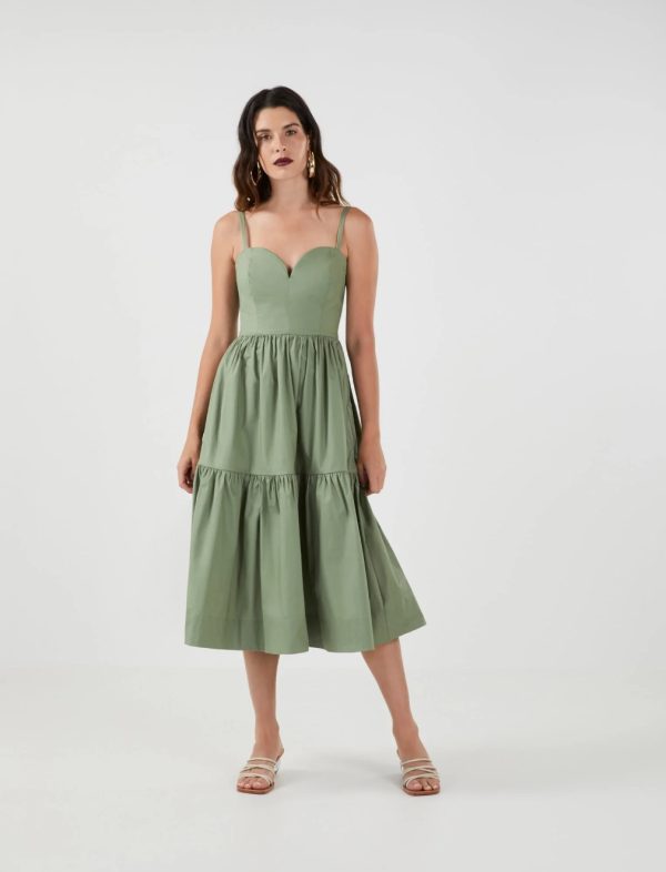 BCBG HALLYN TIERED MIDI DRESS - GREEN