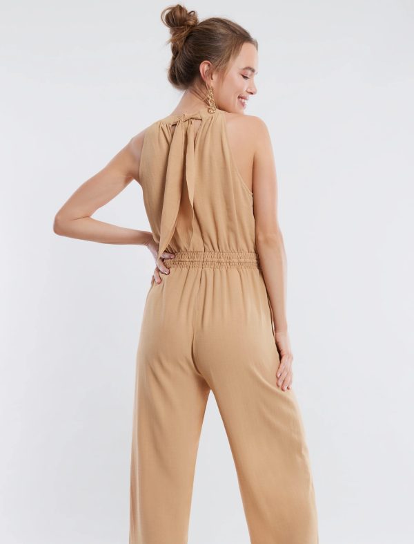 BCBG HALTER NECK BOW JUMPSUIT - TAN - Image 3