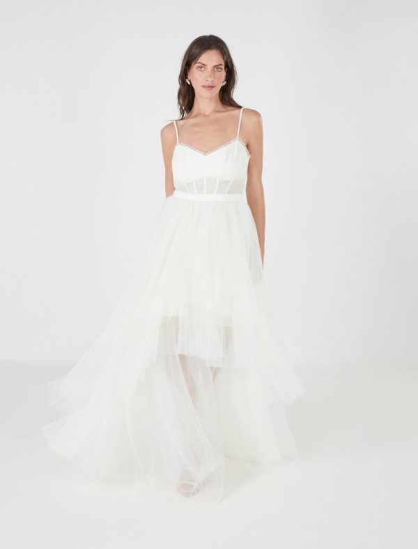 BCBG KATHERINE TULLE EVENING GOWN - GARDENIA