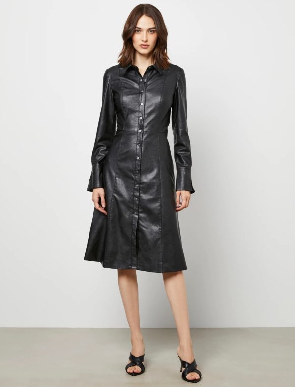 BCBG KAYCEE FAUX LEATHER DAY DRESS - BLACK