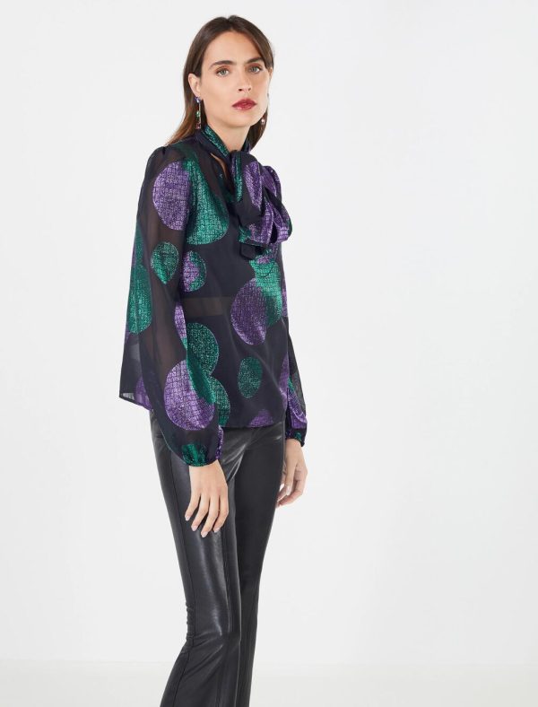 BCBG LEANDRA METALLIC PRINT BLOUSE - BLACK/VIOLET MULTI - Image 2