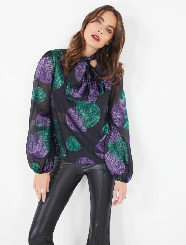 BCBG LEANDRA METALLIC PRINT BLOUSE - BLACK/VIOLET MULTI - Image 3