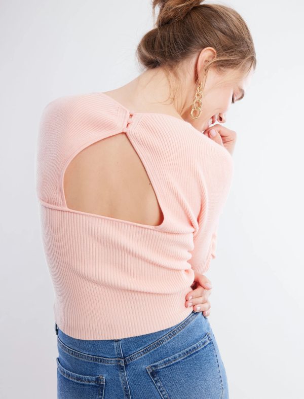 BCBG LONG SLEEVE CUTOUT RIBBED SWEATER - PEACH FIZZ - Image 2